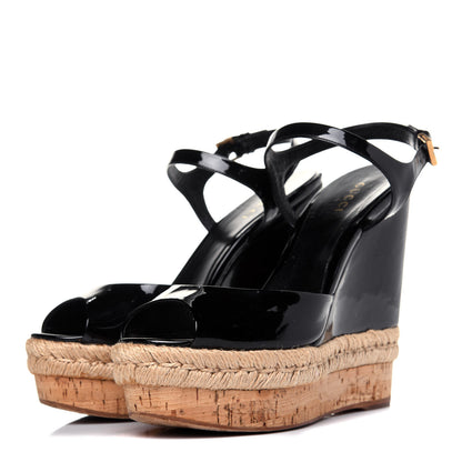 Gucci Patent Cork Hollie Wedge Sandals 36.5 Black 3 of 13