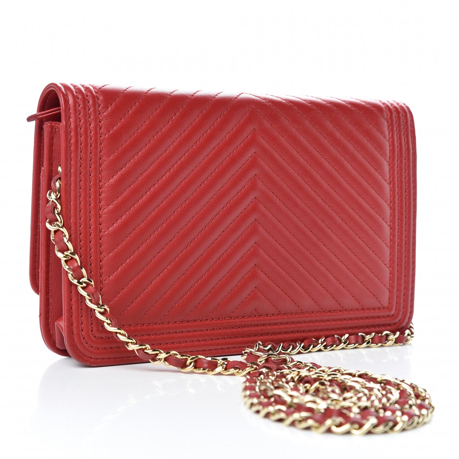 Chanel Lambskin Chevron Quilted Boy Wallet On Chain WOC Red 3 of 12