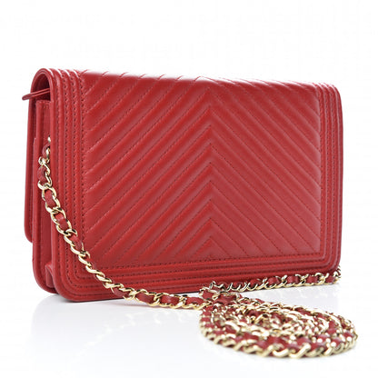 Chanel Lambskin Chevron Quilted Boy Wallet On Chain WOC Red 3 of 12
