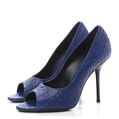 Gucci Soft Guccissima GG Peep Toe Heels 36 Blu Cina 3 of 9