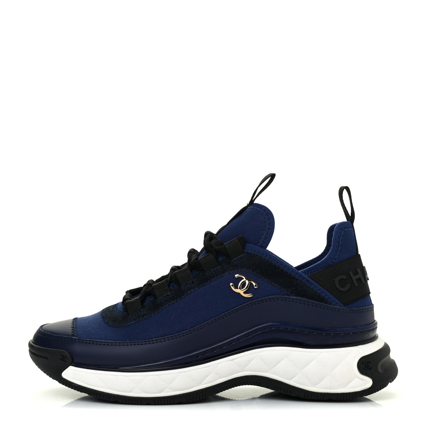 Chanel Fabric Calfskin Suede CC Sneakers 36 Navy Black 1 of 8