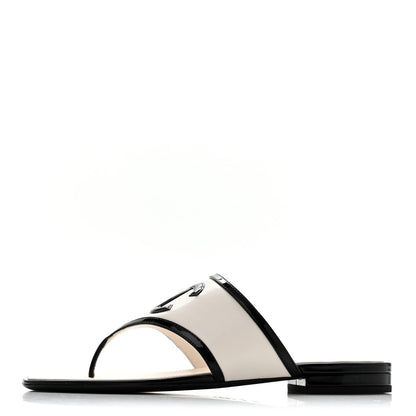Chanel Lambskin Patent Calfskin CC Thong Sandals 38.5 White Black 1 of 10
