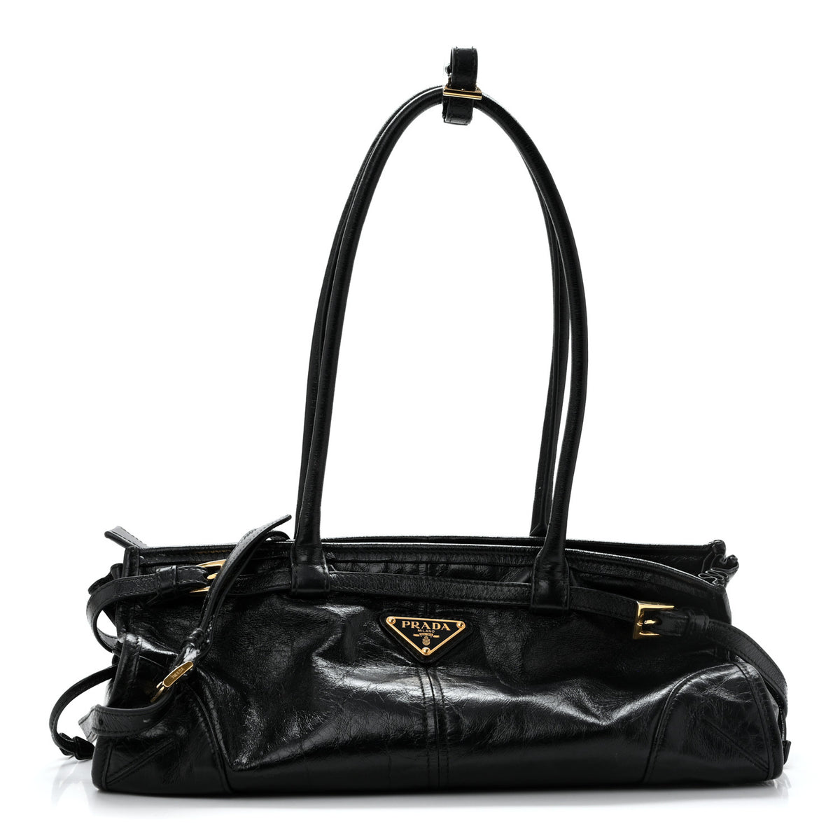 Prada Glossy Calfskin Triangle Medium Bonnie Shoulder Bag Black 1 of 15