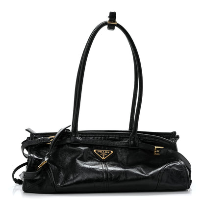 Prada Glossy Calfskin Triangle Medium Bonnie Shoulder Bag Black 1 of 15
