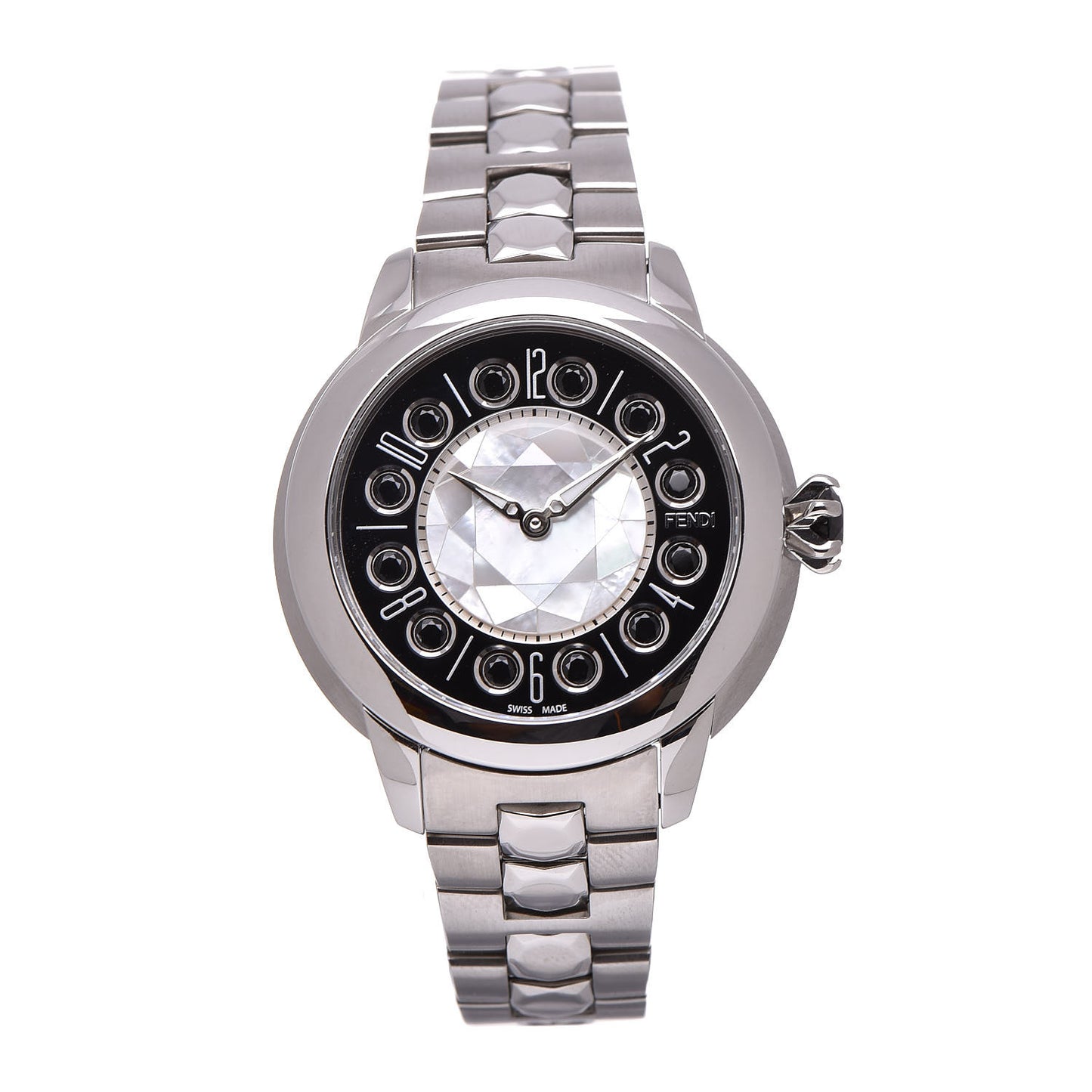 Stainless Steel Mother of Pearl Topaz Spinel 33mm Ishine Rotating Gem Quartz Watch Black