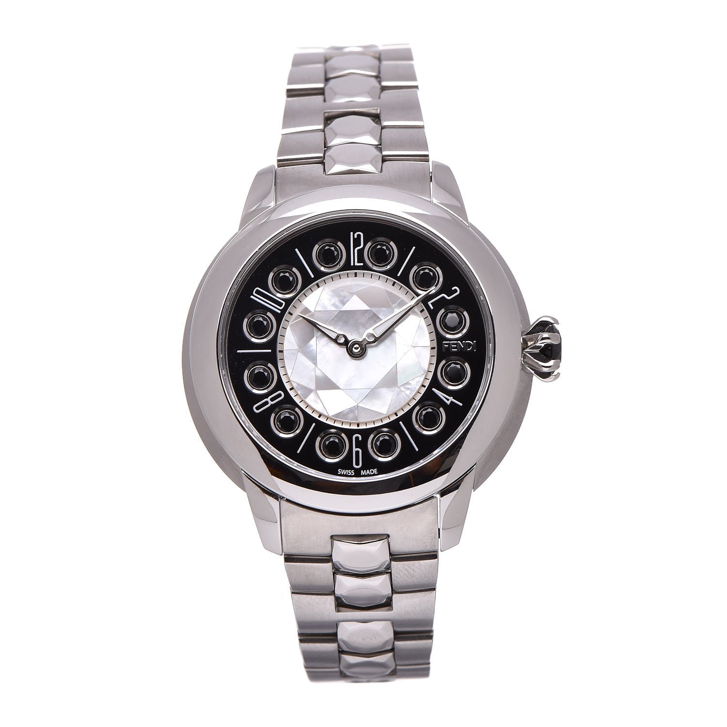 Fendi Stainless Steel Mother of Pearl Topaz Spinel 33mm Ishine Rotating Gem Quartz Watch Black 3 of 9