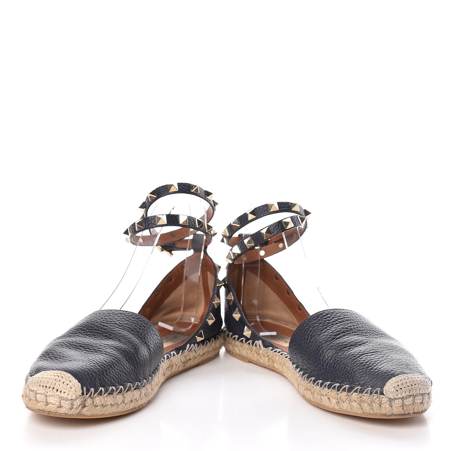 Grained Calfskin Rockstud Ankle Wrap Espadrille 20mm Flats 37 Black Light Cuir Natural