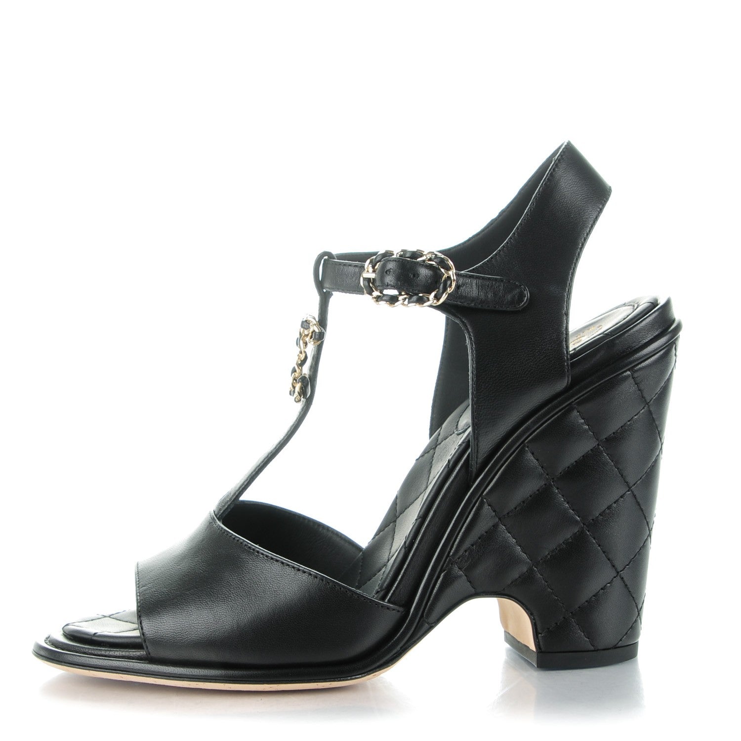 Chanel Lambskin Quilted Chain CC Wedge Sandals 39 Black 1 of 8