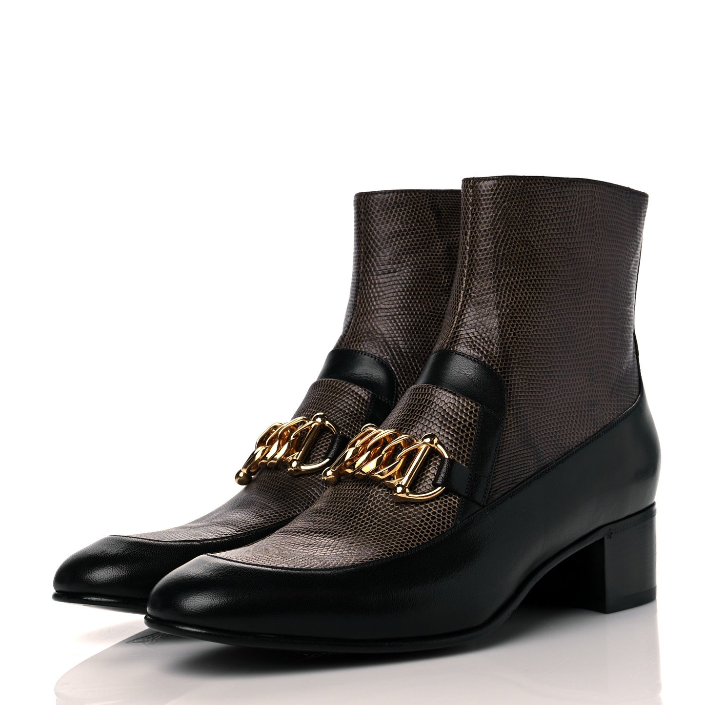 Goatskin Lizard Mens Kitten Chain Horsebit Ankle Boots 11 Black Antique Grey