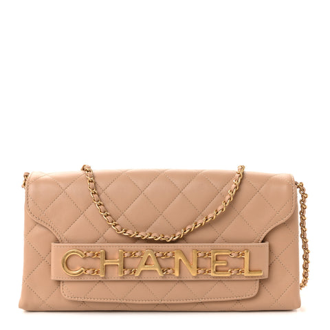 Calfskin Quilted Enchained Clutch Beige