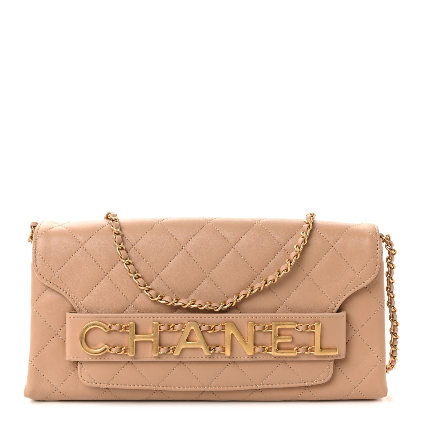 Calfskin Quilted Enchained Clutch Beige