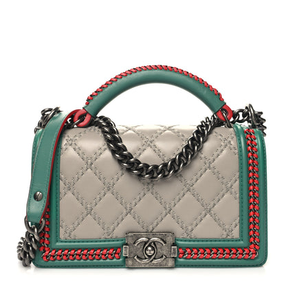 Chanel Lambskin Quilted Medium Top Handle Boy Flap Grey Green Red 1 of 10