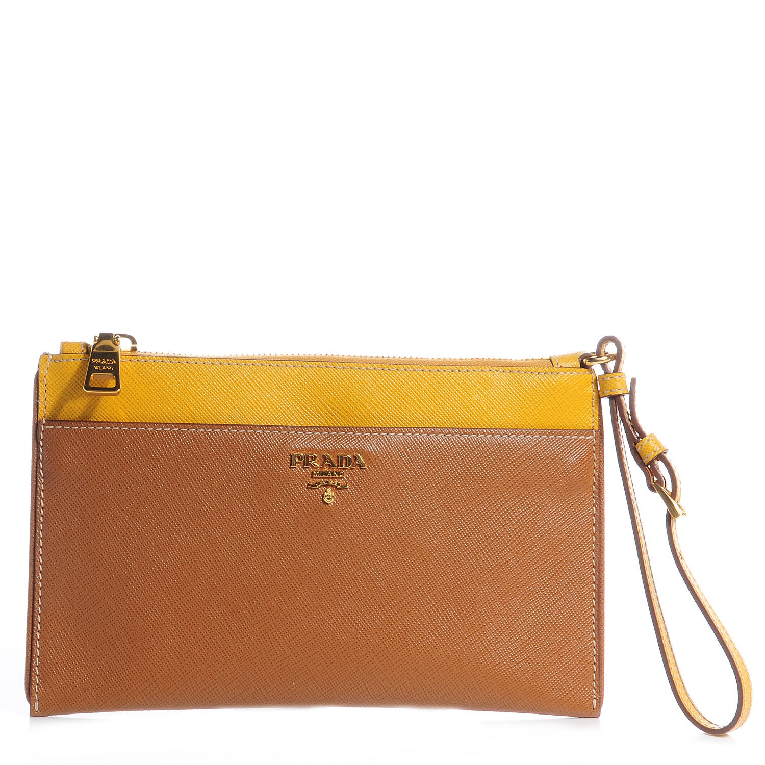 Prada Saffiano Bi-Color Wristlet Clutch Caramel Mimosa 1 of 8