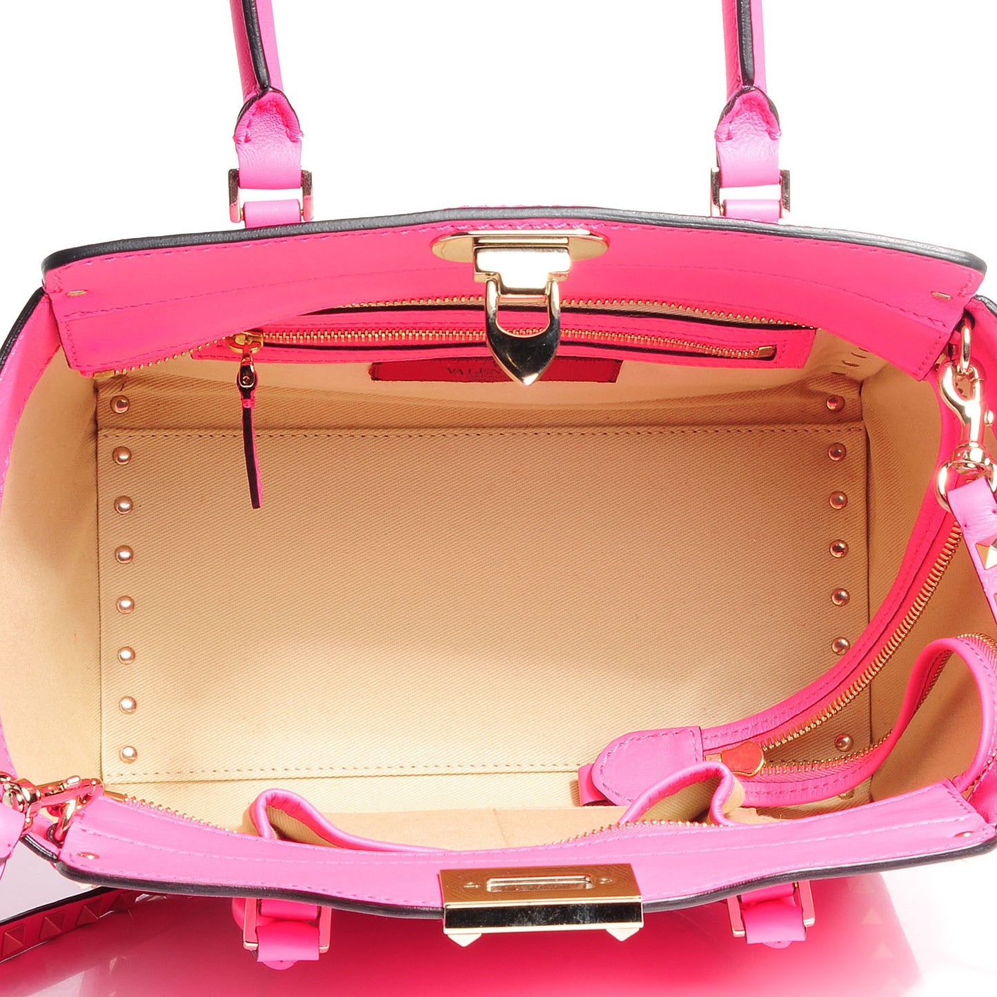 Vitello Small Rockstud Double Handle Tote Fuxia Fluo