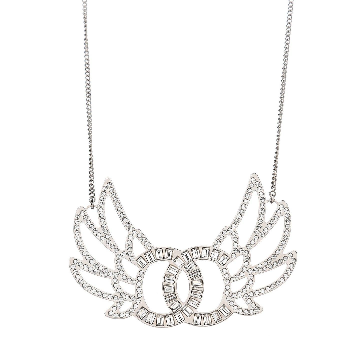 Baguette Crystal Winged CC Necklace Silver