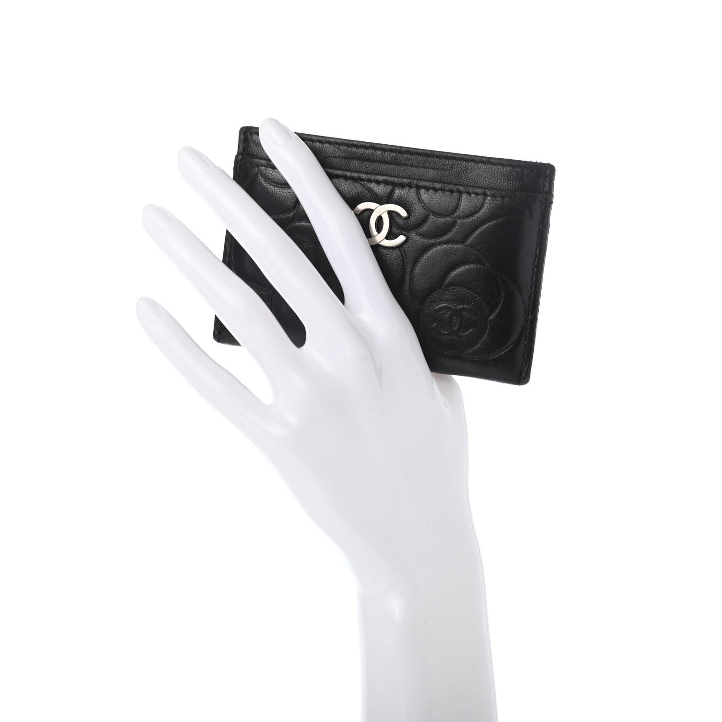 Lambskin Camellia Embossed Card Holder Black
