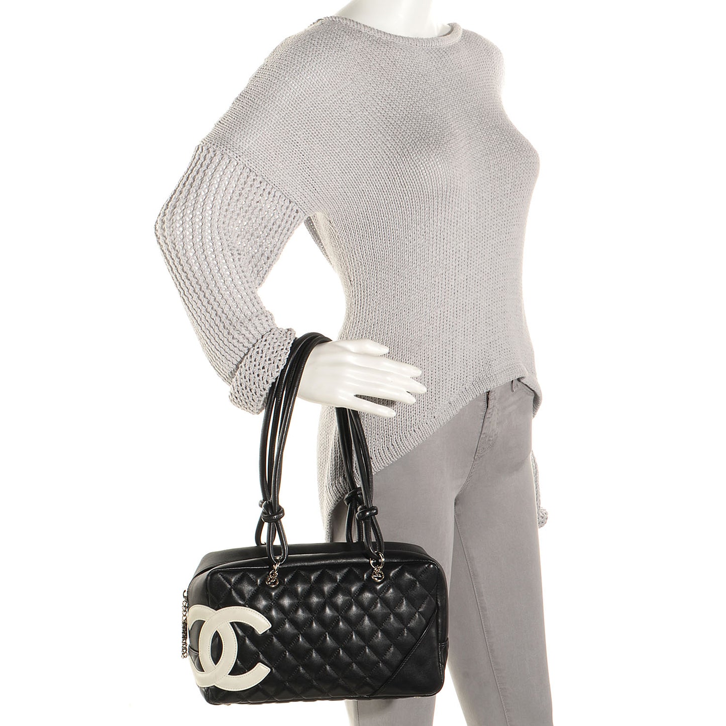 Calfskin Quilted Large Cambon Bowler Black White