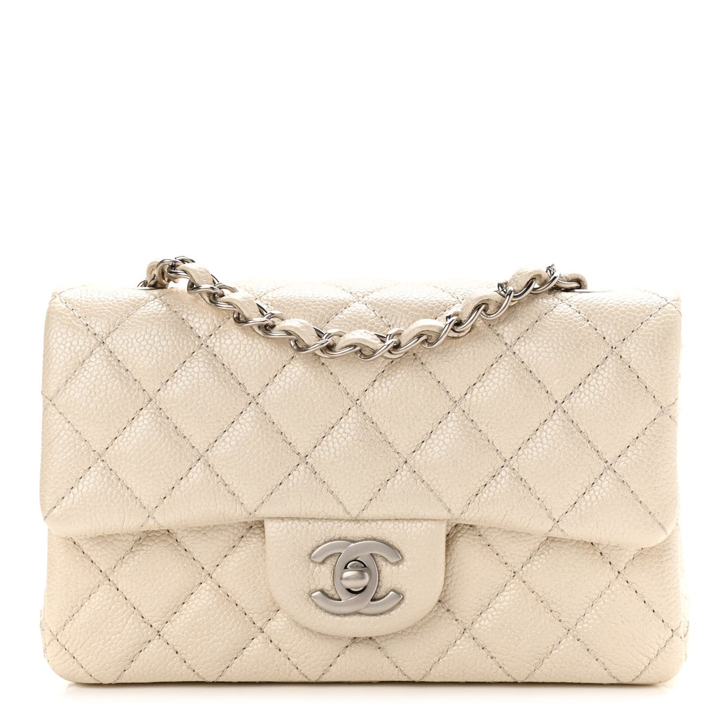 Iridescent Caviar Quilted Mini Rectangular Flap Ivory