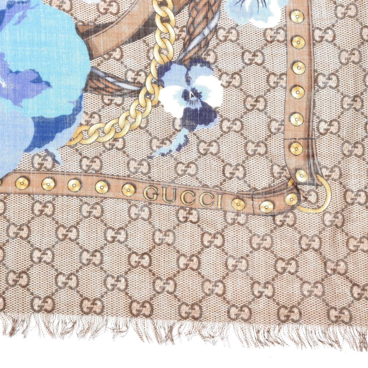 Gucci Wool Jacquard GG Monogram Big Panshie Fringe Shawl Sapphire Beige 3 of 6