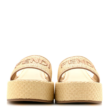 Fendi Raffia Womens FF Sunshine Flatform Slide Sandals 39 Beige 3 of 10