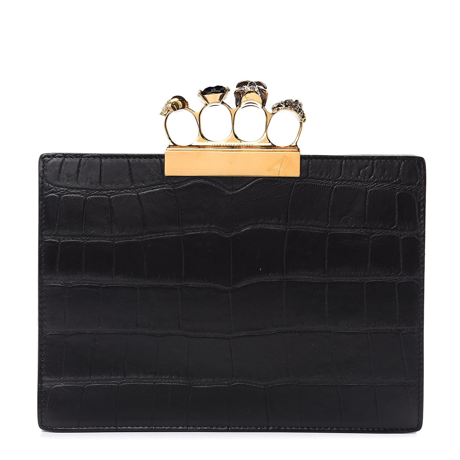 Alexander McQueen Calfskin Crocodile Embossed Knuckle Flat Clutch Black Gold 1 of 9