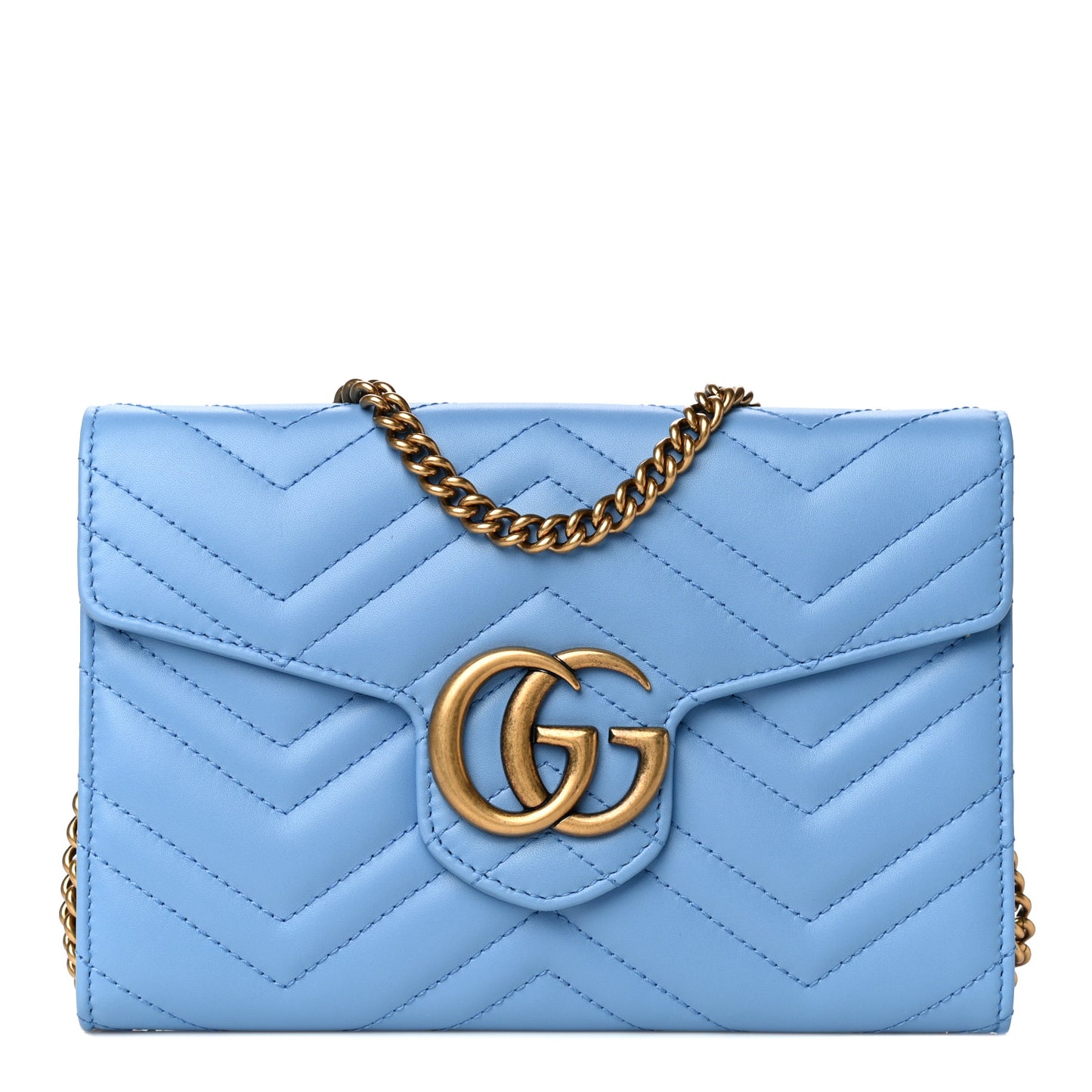 Calfskin Matelasse Mini GG Marmont Chain Wallet Clear Sky Blue