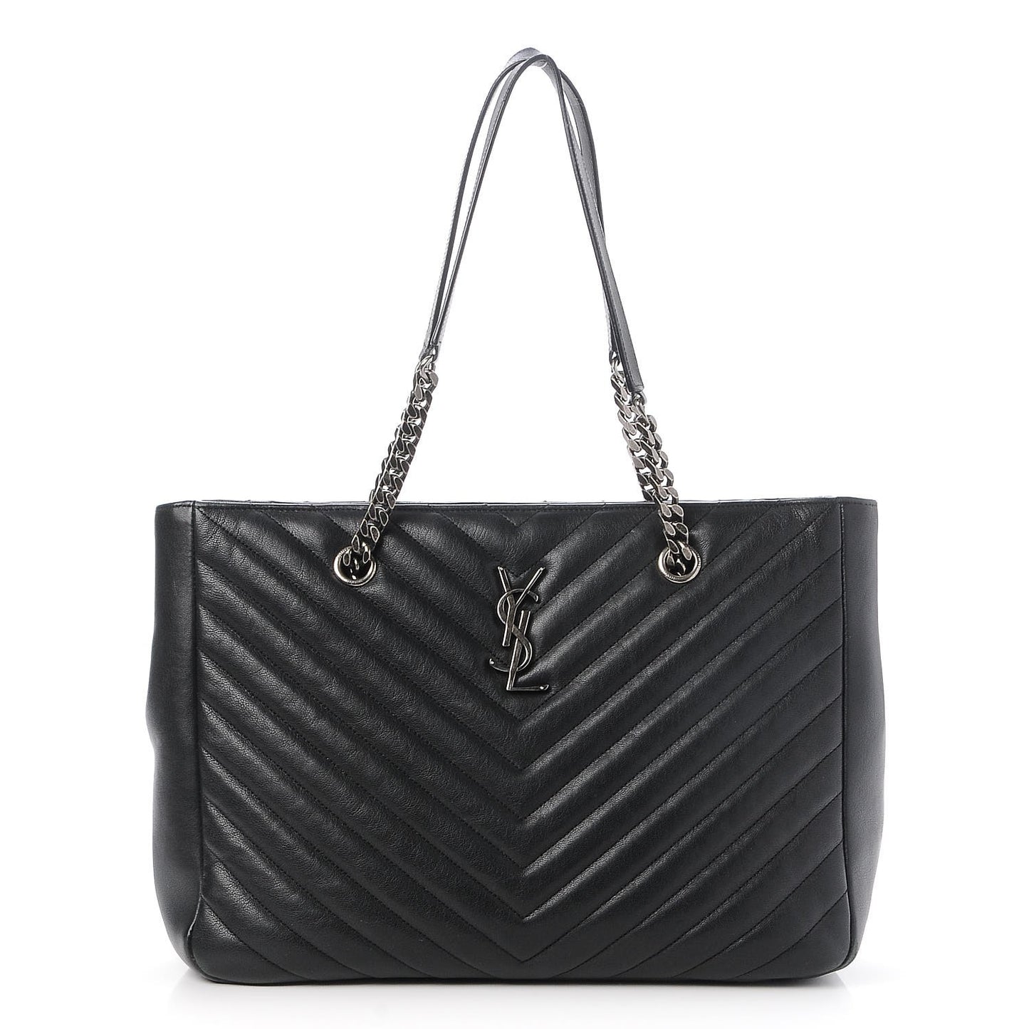 Sheepskin Matelasse Chevron Large Monogram Shopping Bag Black