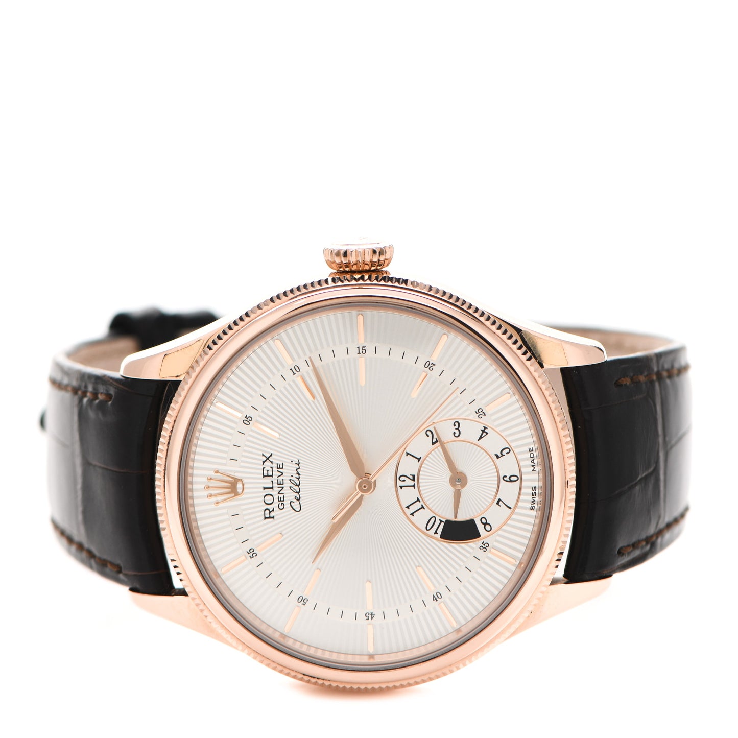 18K Everose Gold Alligator 39mm Cellini Dual Time Watch Ivory 50525