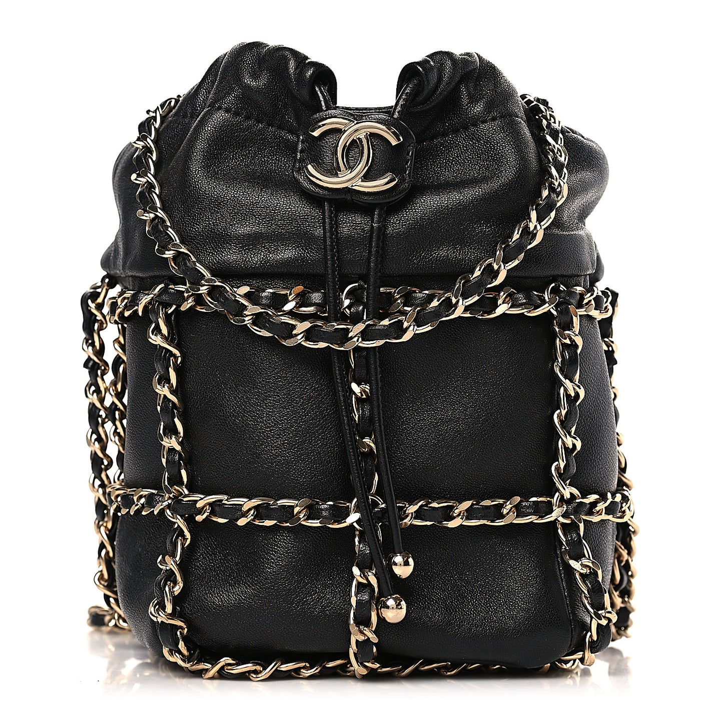 Lambskin Bucket Chain Drawstring Bag Black