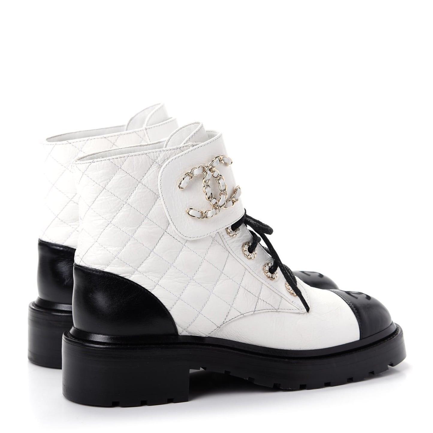 Shiny Goatskin Calfskin Quilted Lace Up Combat Boots 38.5 White Black