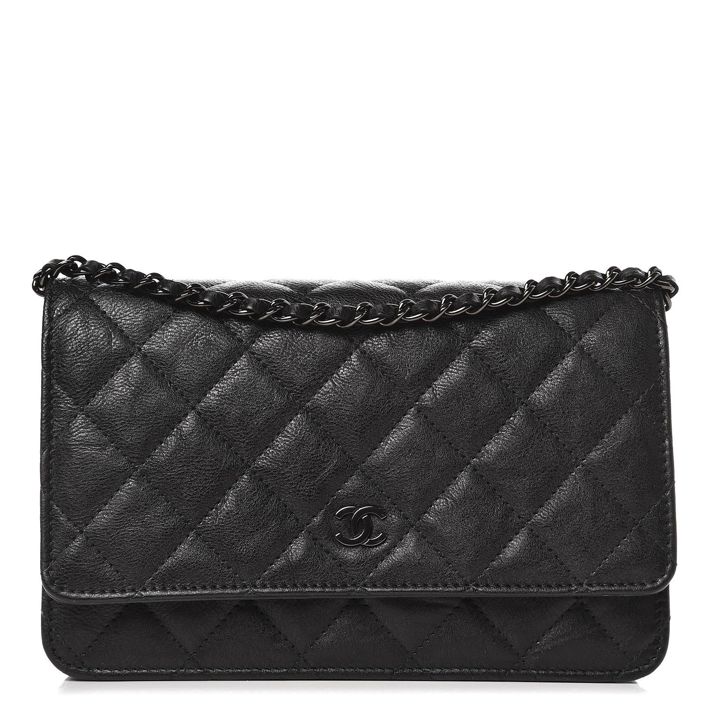 Crumpled Calfskin Quilted Wallet On Chain WOC So Black