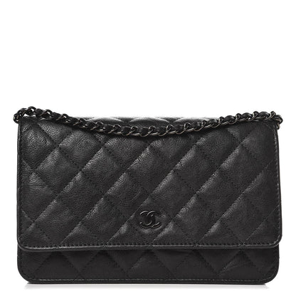 Chanel Crumpled Calfskin Quilted Wallet On Chain WOC So Black 1 of 9