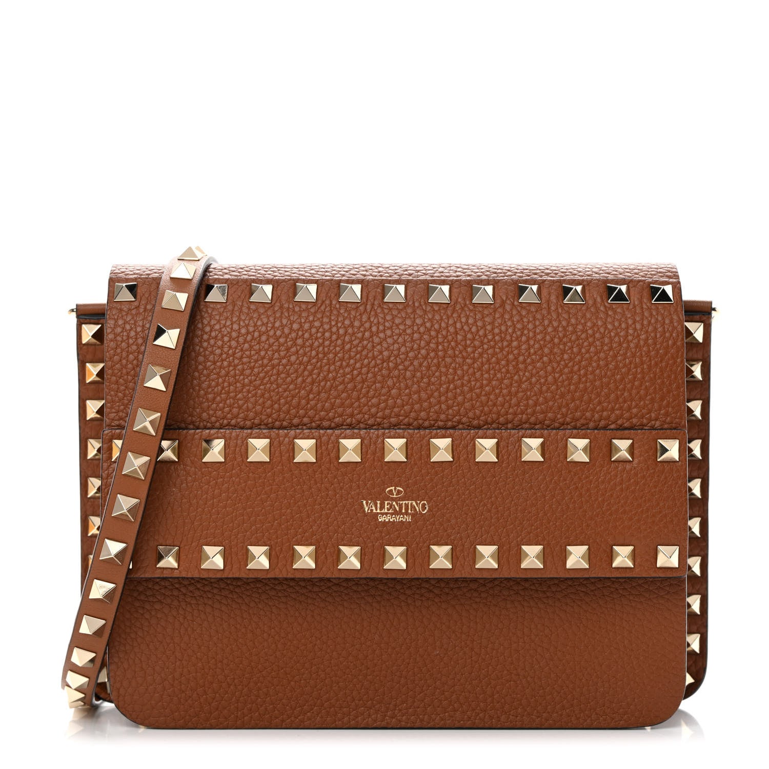 Valentino Garavani Pebbled Calfskin Rockstud Side Slip Crossbody Tan 1 of 9
