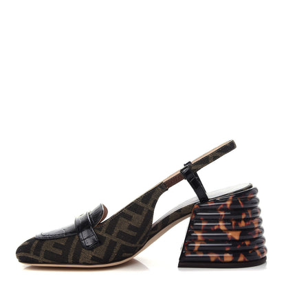 Fendi Jacquard Calfskin FF Tortoise Promenade Slingback Loafer Pumps 37 Tobacco 1 of 10