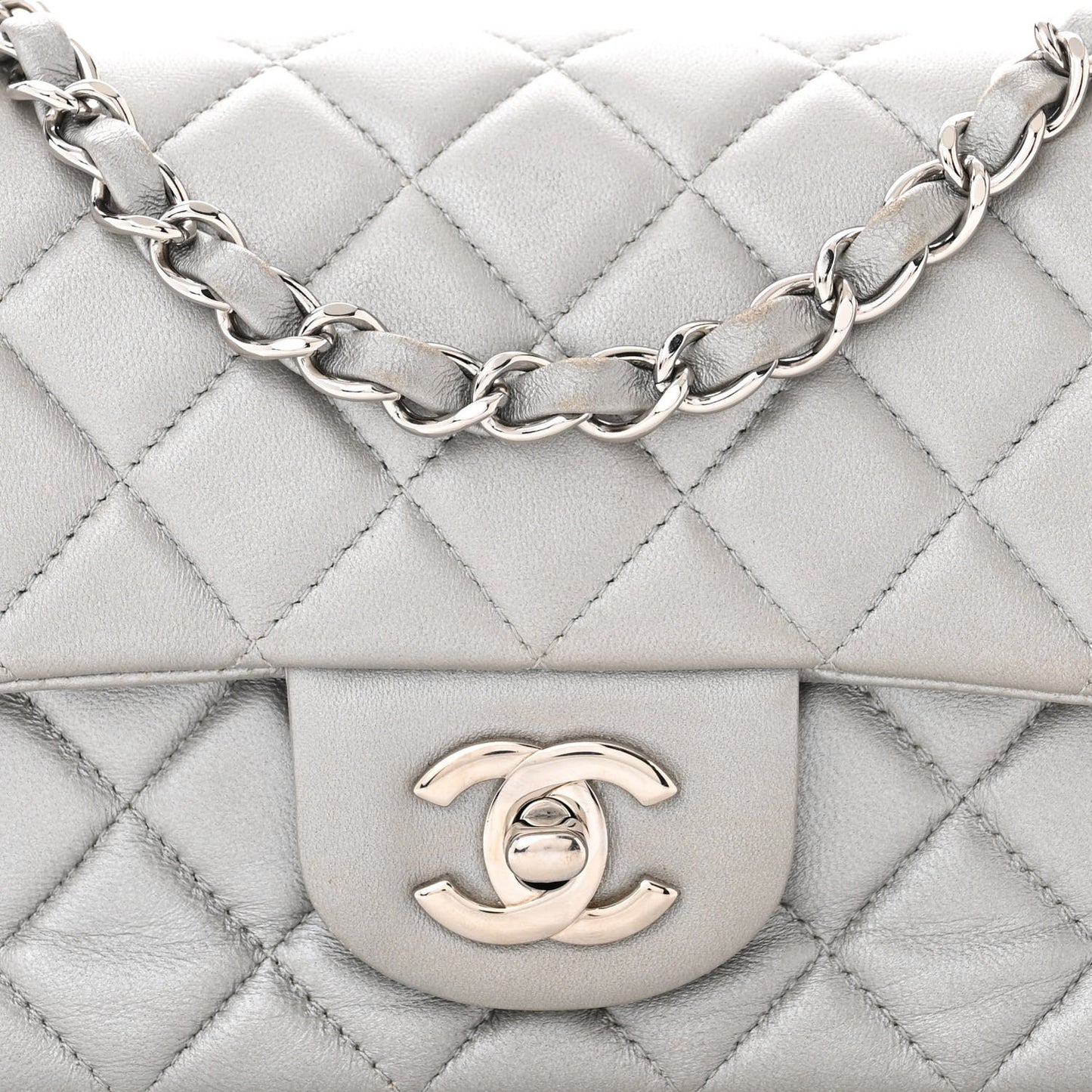 Metallic Lambskin Quilted Mini Rectangular Flap Silver