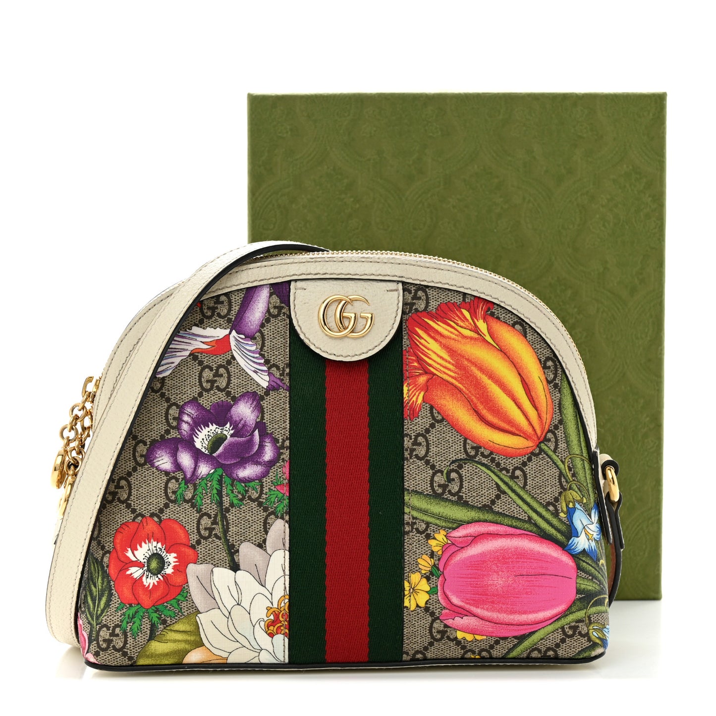 GG Supreme Monogram Flora Web GG Small Ophidia Dome Shoulder Bag White