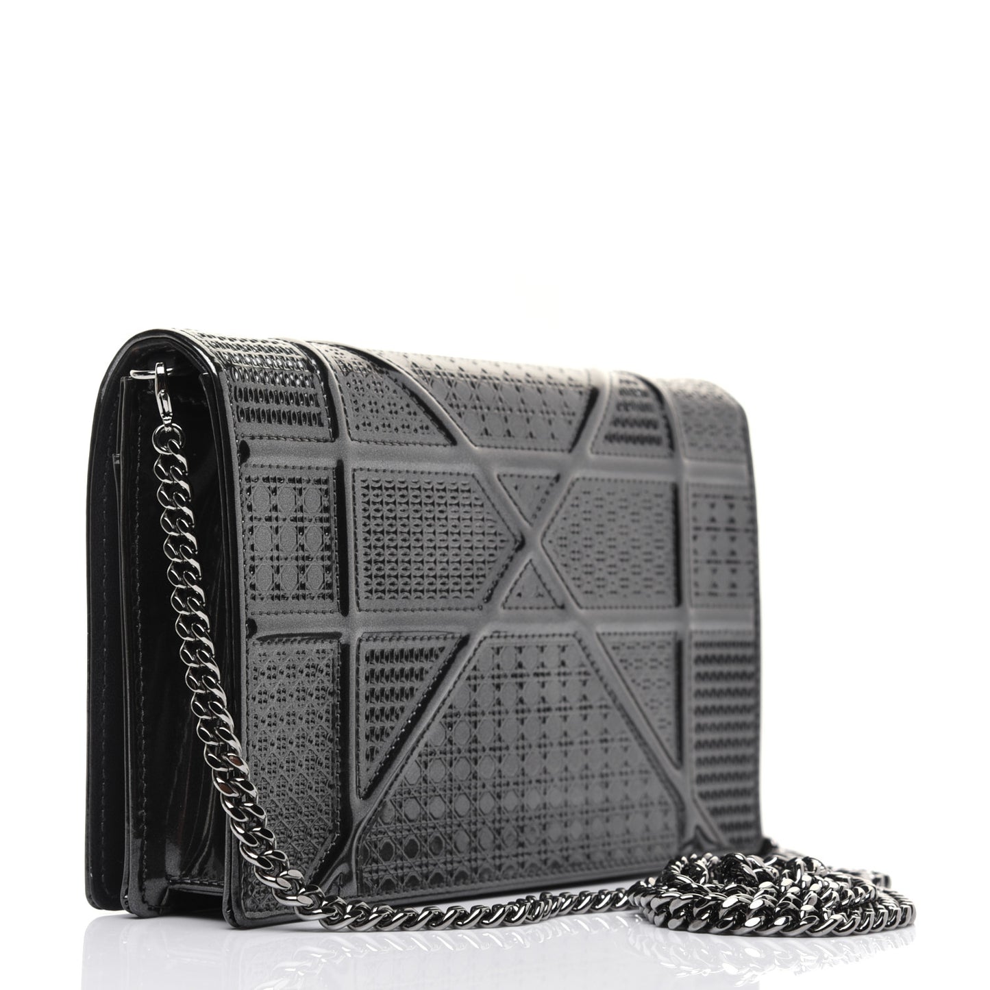 Metallic Patent Micro-Cannage Diorama Wallet on Chain Pouch Onyx Black