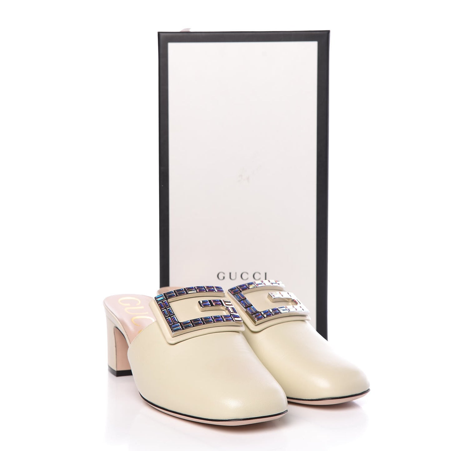 Malaga Kid Crystal Square G Madelyn Mules 40 Vintage White