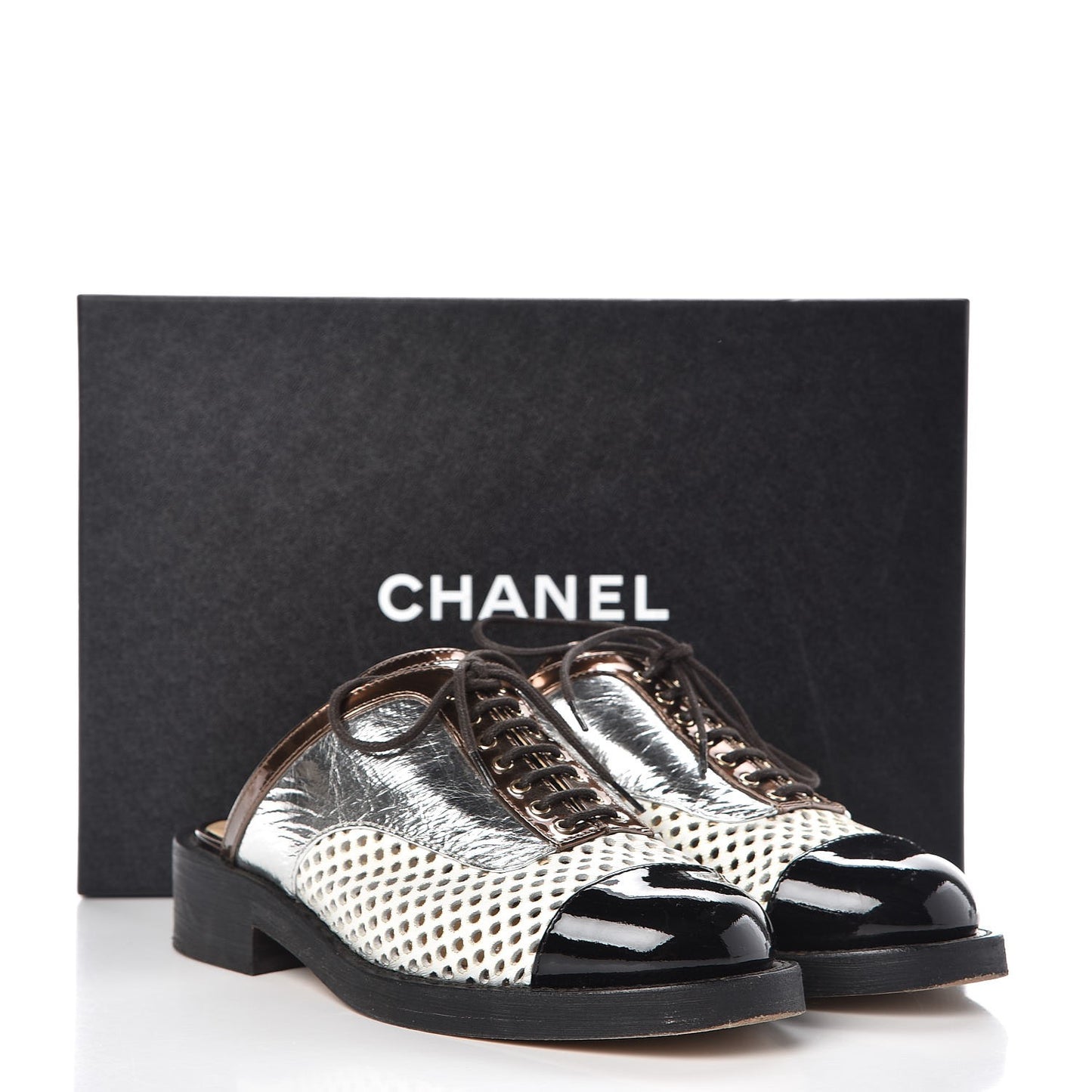 Lambskin Perforated Cap Toe Lace Up Mules 36 Silver Black