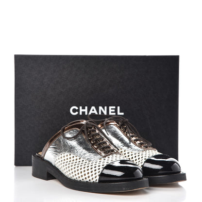Chanel Lambskin Perforated Cap Toe Lace Up Mules 36 Silver Black 12 of 12