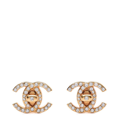 Chanel Crystal CC Turnlock Clip On Earrings Gold 1 of 13
