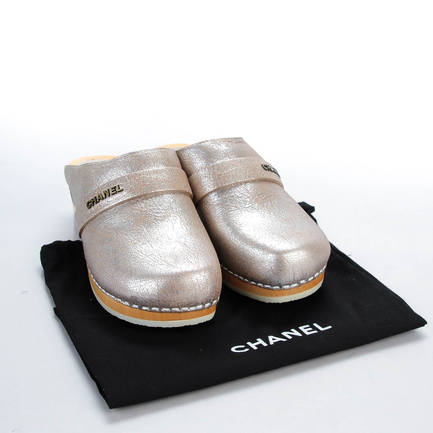 Chanel Metallic Crackled Leather Mules 37.5 Silver 9 of 9