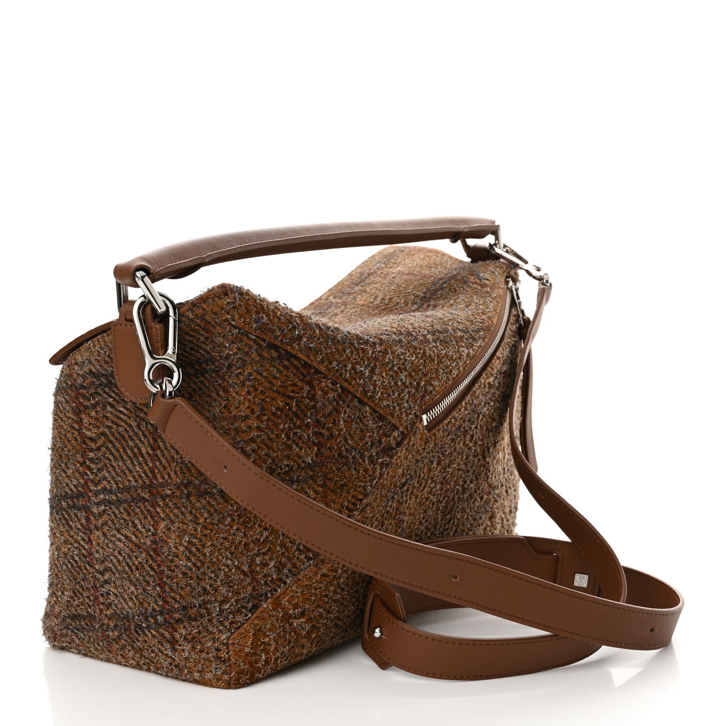 Brushed Suede Tartan Large Puzzle Bag Tan