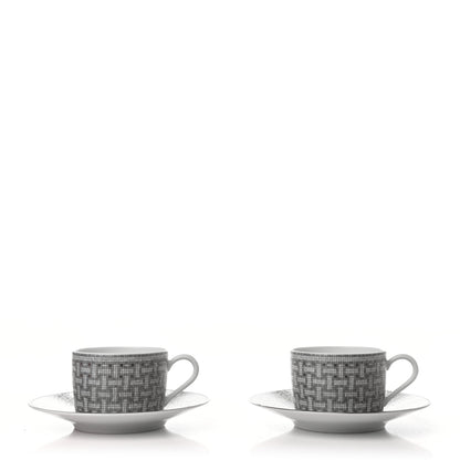 Hermes Porcelain Mosaique Au 24 Platine Tea Cup And Saucer Set Of 2 Platinum 3 of 8