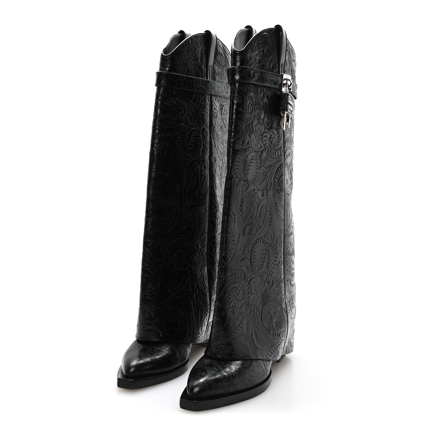 Calfskin Embossed Cowboy Shark Lock High Boots  40 Black