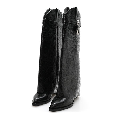 Givenchy Calfskin Embossed Cowboy Shark Lock High Boots  40 Black 3 of 6