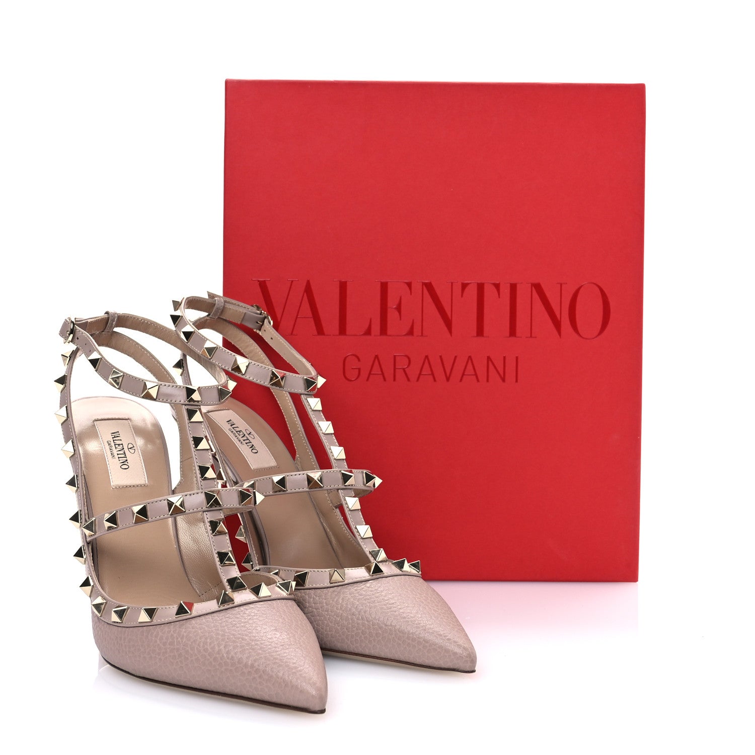Valentino Garavani Pebbled Calfskin Rockstud Ankle Strap Pumps 41.5 Poudre 9 of 9