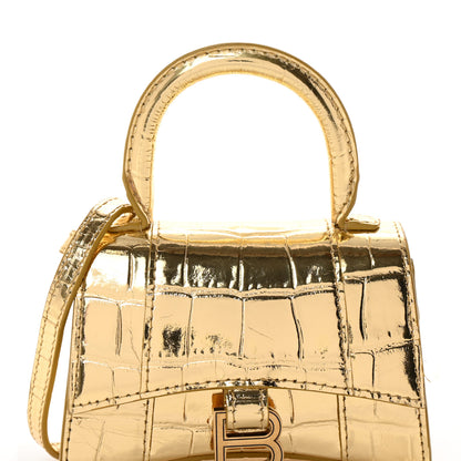 Balenciaga Metallic Calfskin Crocodile Embossed Hourglass Top Handle Bag Mini Gold 9 of 14