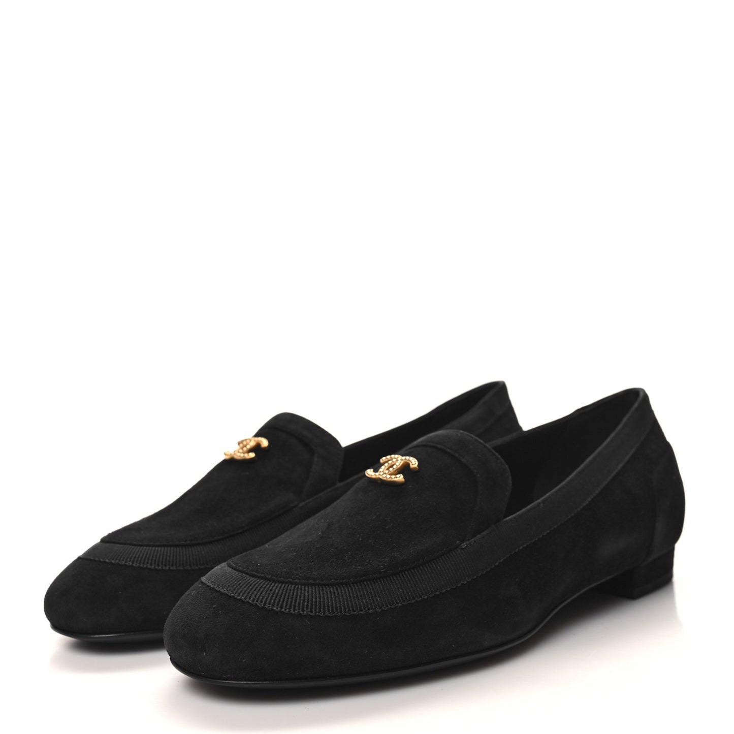 Kid Suede CC Grosgrain Moccasin Loafers 37.5 Black