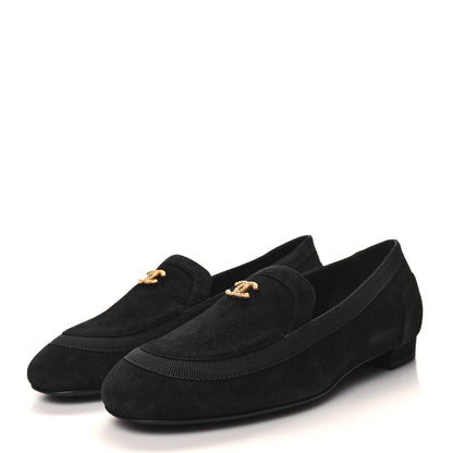 Chanel Kid Suede CC Grosgrain Moccasin Loafers 37.5 Black 3 of 9